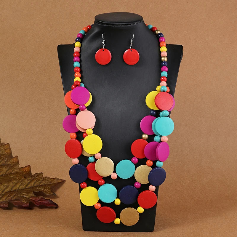 African Wedding Party Dress Wooden Beads Necklace Earring Jewelry Sets For Women