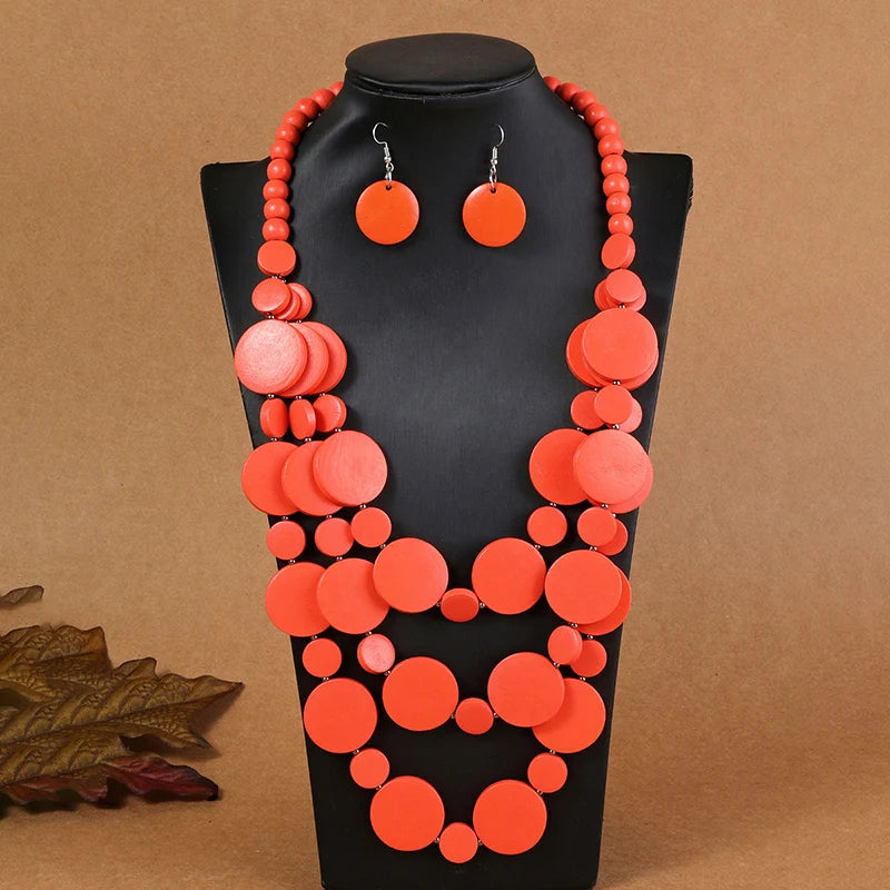 African Wedding Party Dress Wooden Beads Necklace Earring Jewelry Sets For Women
