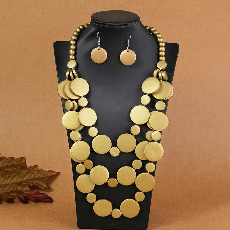 African Wedding Party Dress Wooden Beads Necklace Earring Jewelry Sets For Women