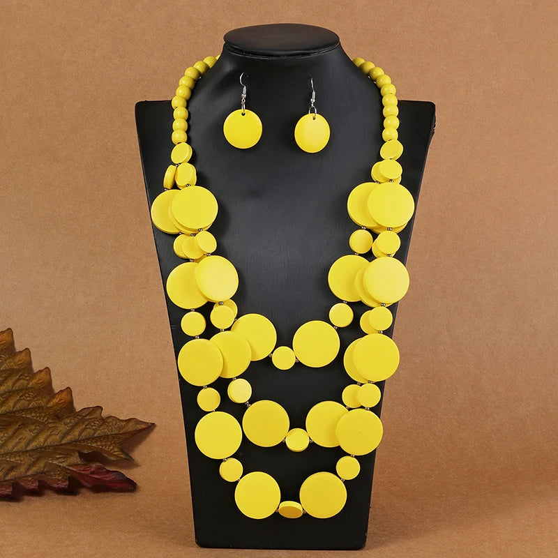 African Wedding Party Dress Wooden Beads Necklace Earring Jewelry Sets For Women