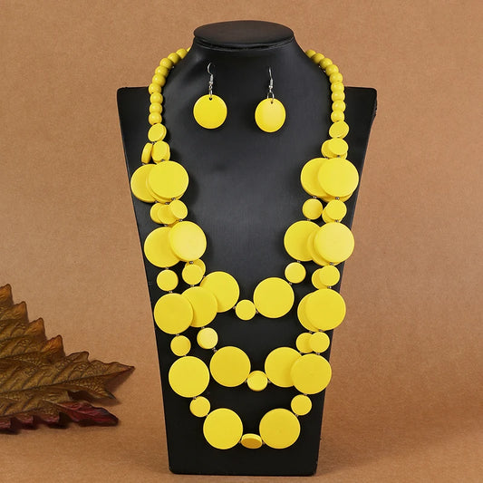 African Wedding Party Dress Wooden Beads Necklace Earring Jewelry Sets For Women