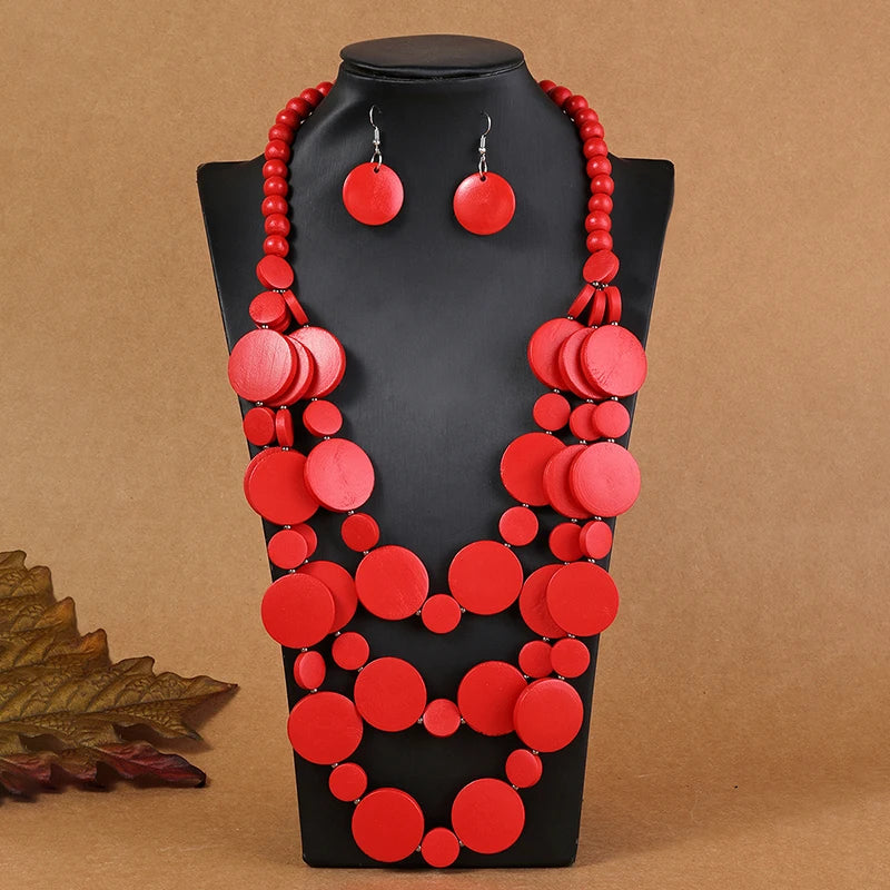 African Wedding Party Dress Wooden Beads Necklace Earring Jewelry Sets For Women